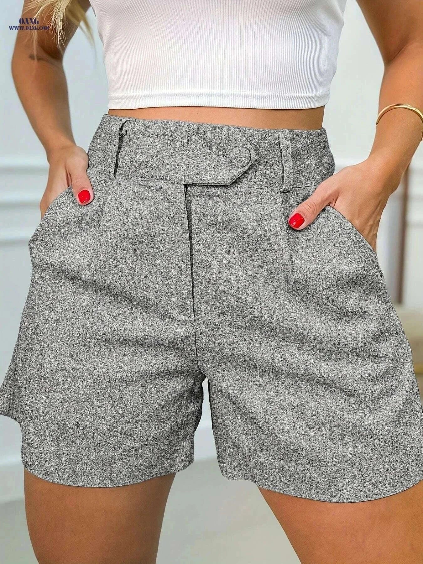 Lightweight Women's High-Waisted Casual Shorts - Versatile Solid Color   OAXG Khaki / XS