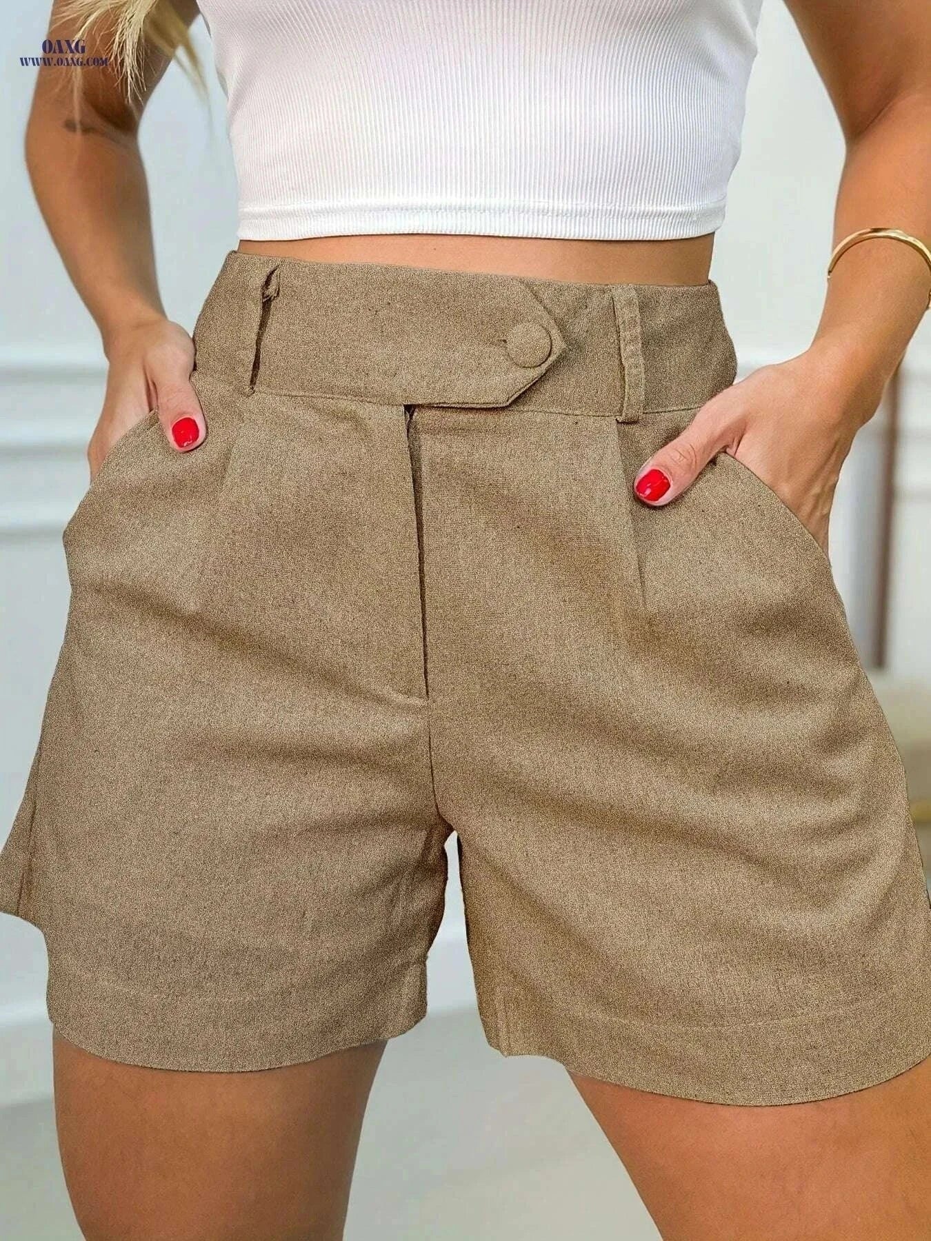 Lightweight Women's High-Waisted Casual Shorts - Versatile Solid Color   OAXG Khaki / XS
