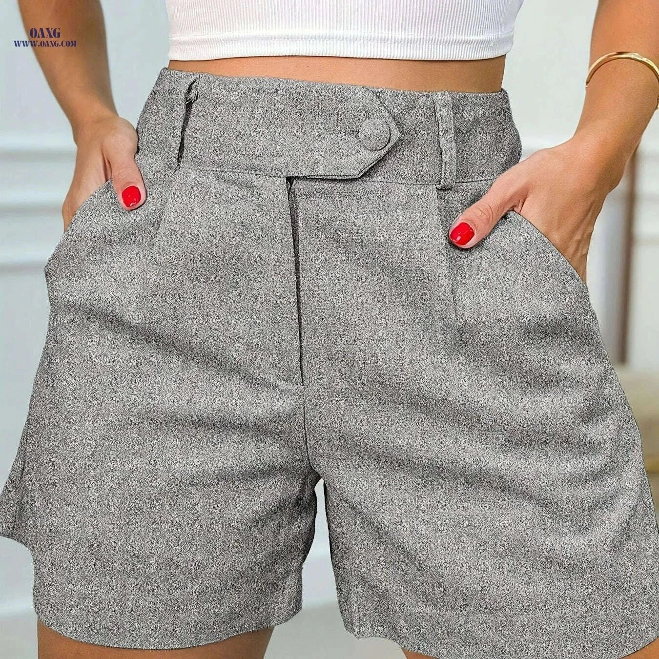 Lightweight Women's High-Waisted Casual Shorts - Versatile Solid Color   OAXG Khaki / XS