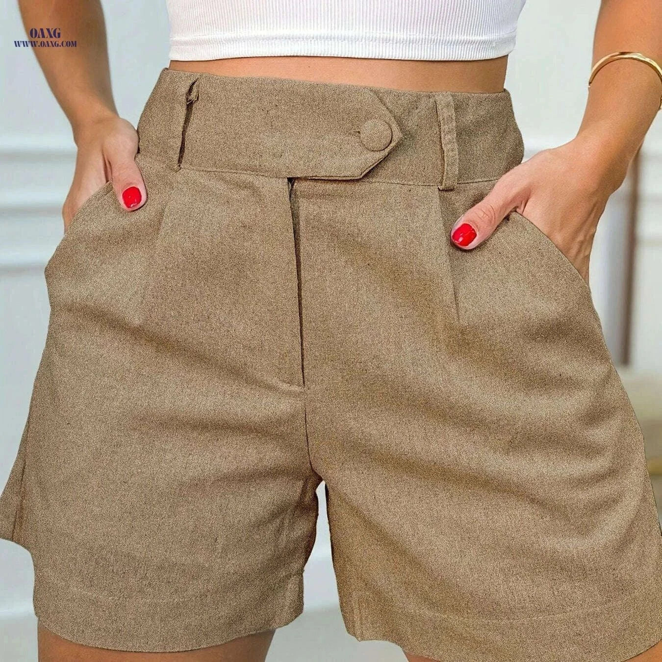 Lightweight Women's High-Waisted Casual Shorts - Versatile Solid Color   OAXG Khaki / XS