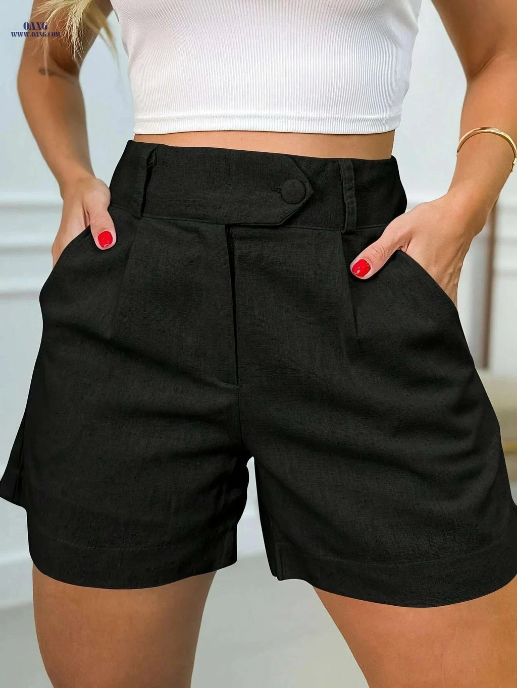 Lightweight Women's High-Waisted Casual Shorts - Versatile Solid Color   OAXG Khaki / XS