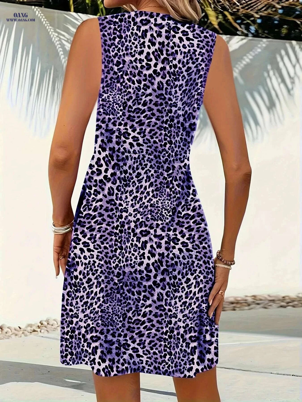Lightweight Women's Leopard Print Dress - Sleeveless V-Neck Casual Style   OAXG 