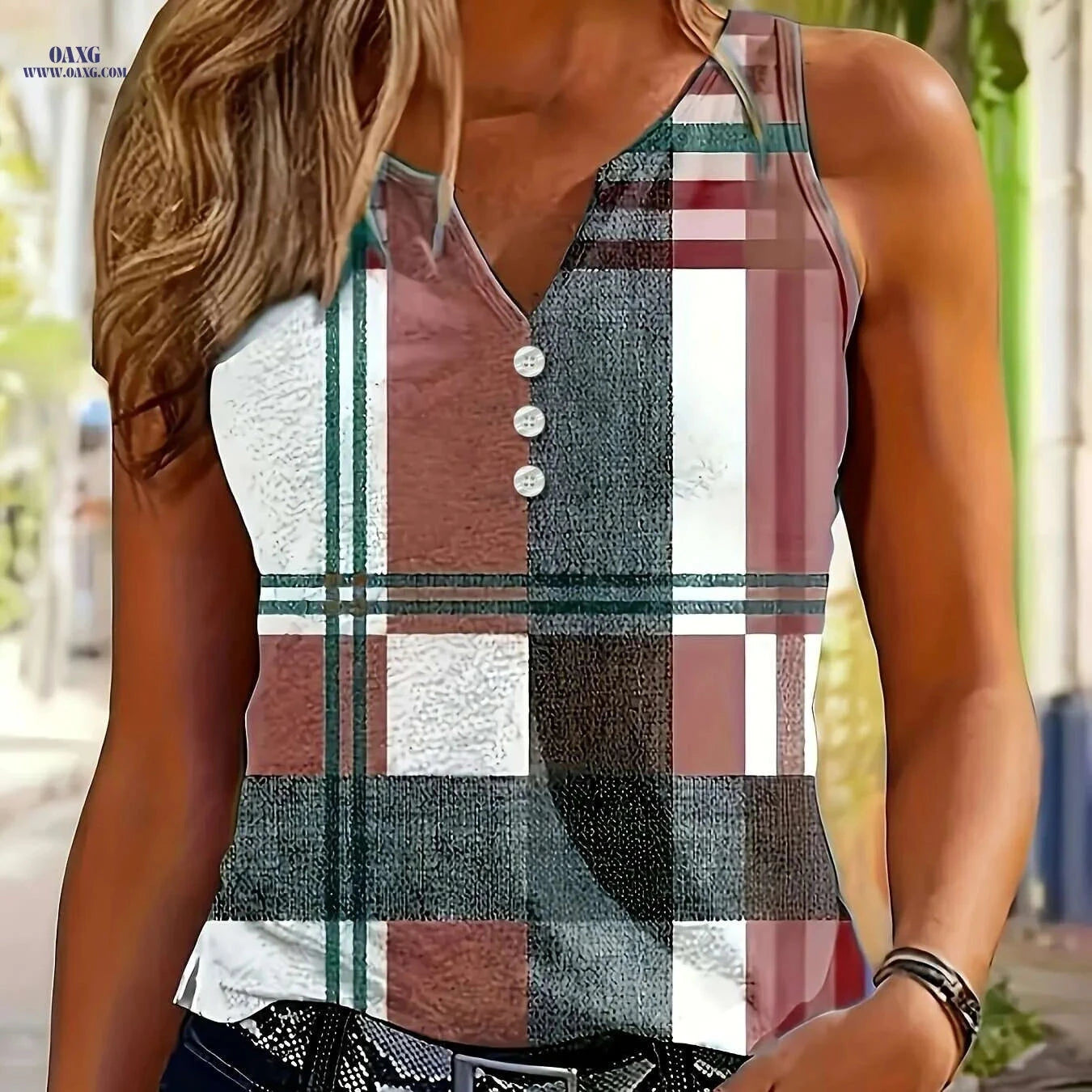 Lin Zuo Jiading European Geometric Print V-Neck Vest Top - Casual Style   OAXG 