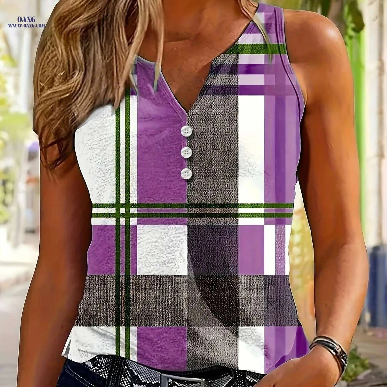 Lin Zuo Jiading European Geometric Print V-Neck Vest Top - Casual Style   OAXG 