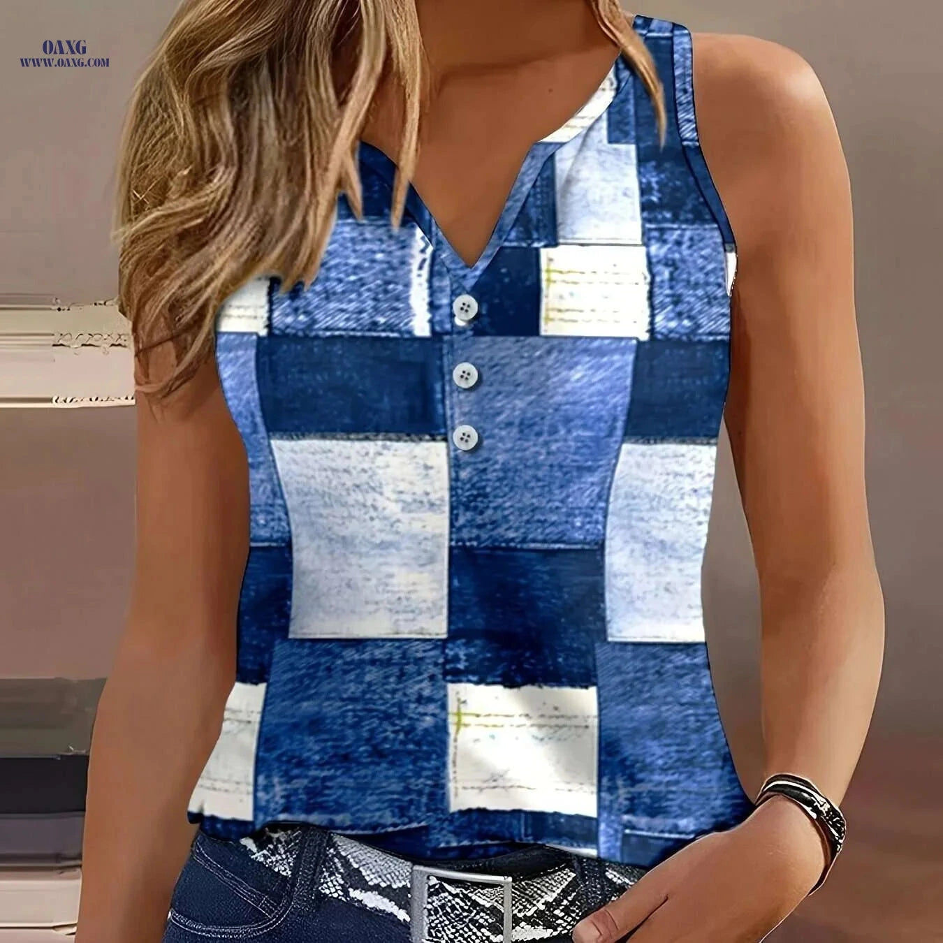 Lin Zuo Jiading European Geometric Print V-Neck Vest Top - Casual Style   OAXG 