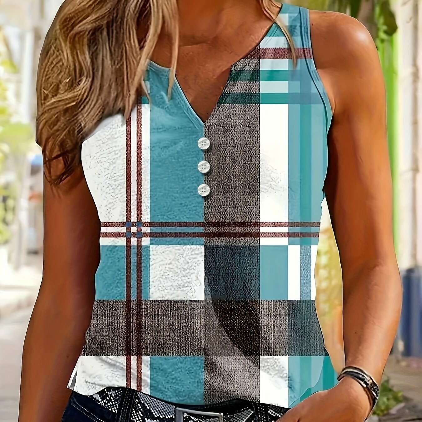 Lin Zuo Jiading European Geometric Print V-Neck Vest Top - Casual Style   OAXG 