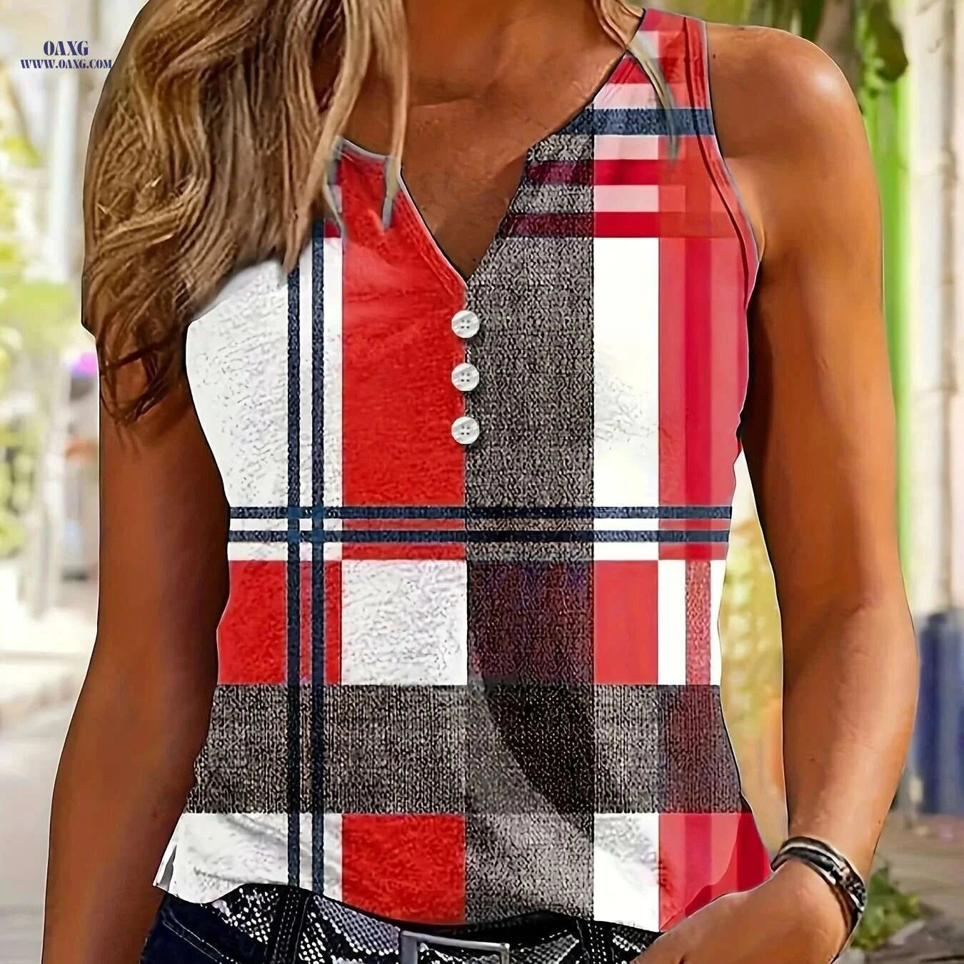 Lin Zuo Jiading European Geometric Print V-Neck Vest Top - Casual Style   OAXG 