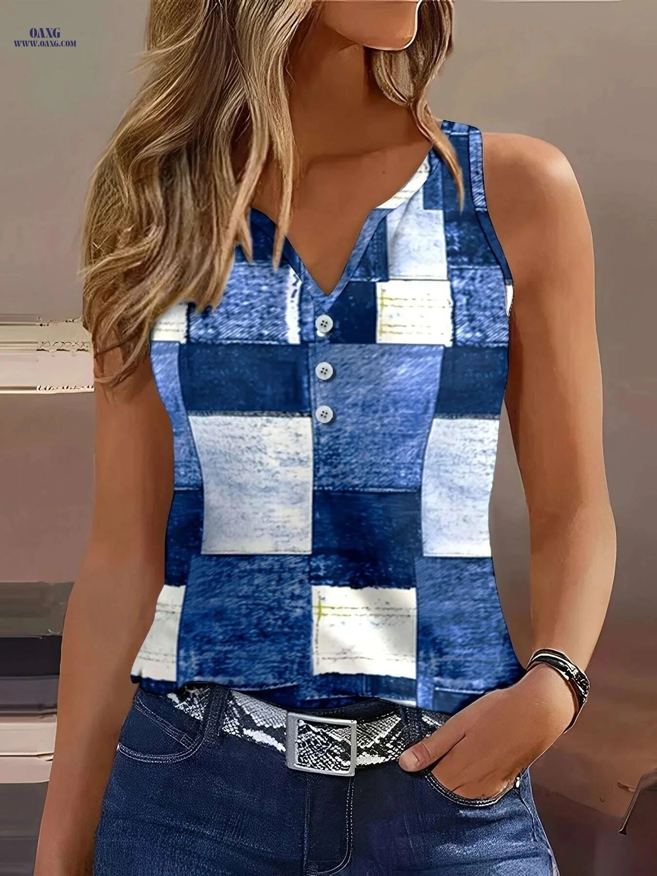Lin Zuo Jiading European Geometric Print V-Neck Vest Top - Casual Style   OAXG Peacock Blue / S