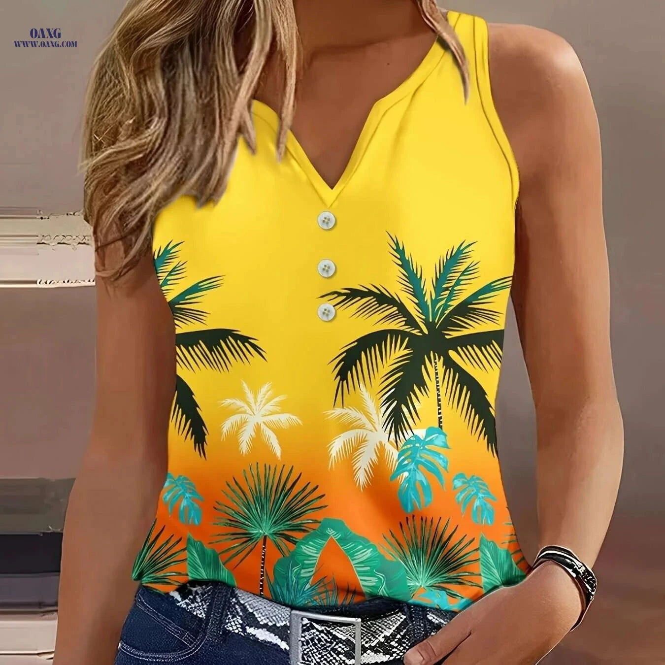 Lin Zuo Jiading European Geometric Print V-Neck Vest Top - Casual Style   OAXG Peacock Blue / S