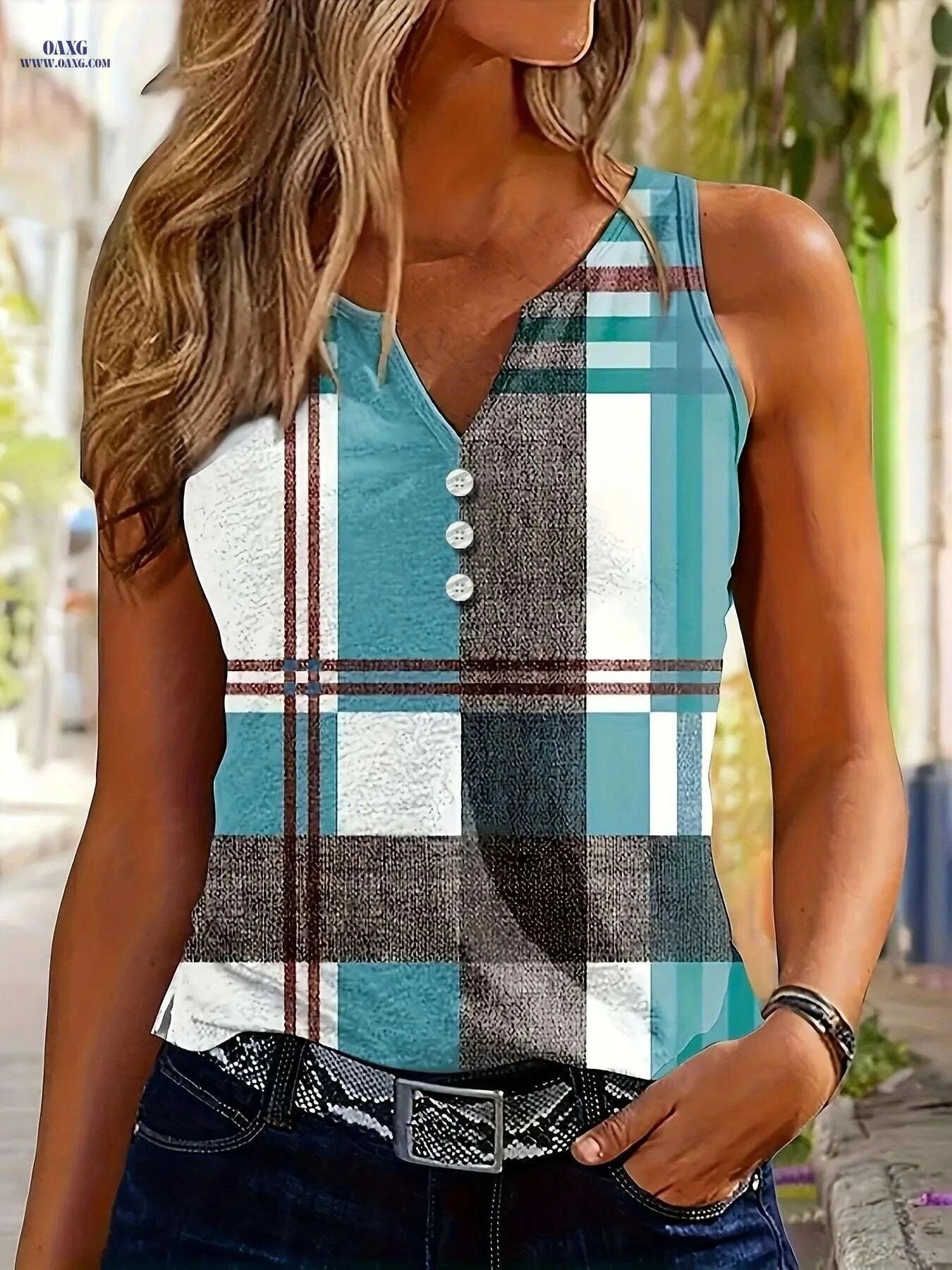 Lin Zuo Jiading European Geometric Print V-Neck Vest Top - Casual Style   OAXG Peacock Blue / S