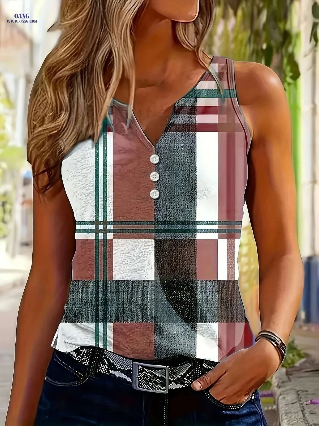 Lin Zuo Jiading European Geometric Print V-Neck Vest Top - Casual Style   OAXG Peacock Blue / S