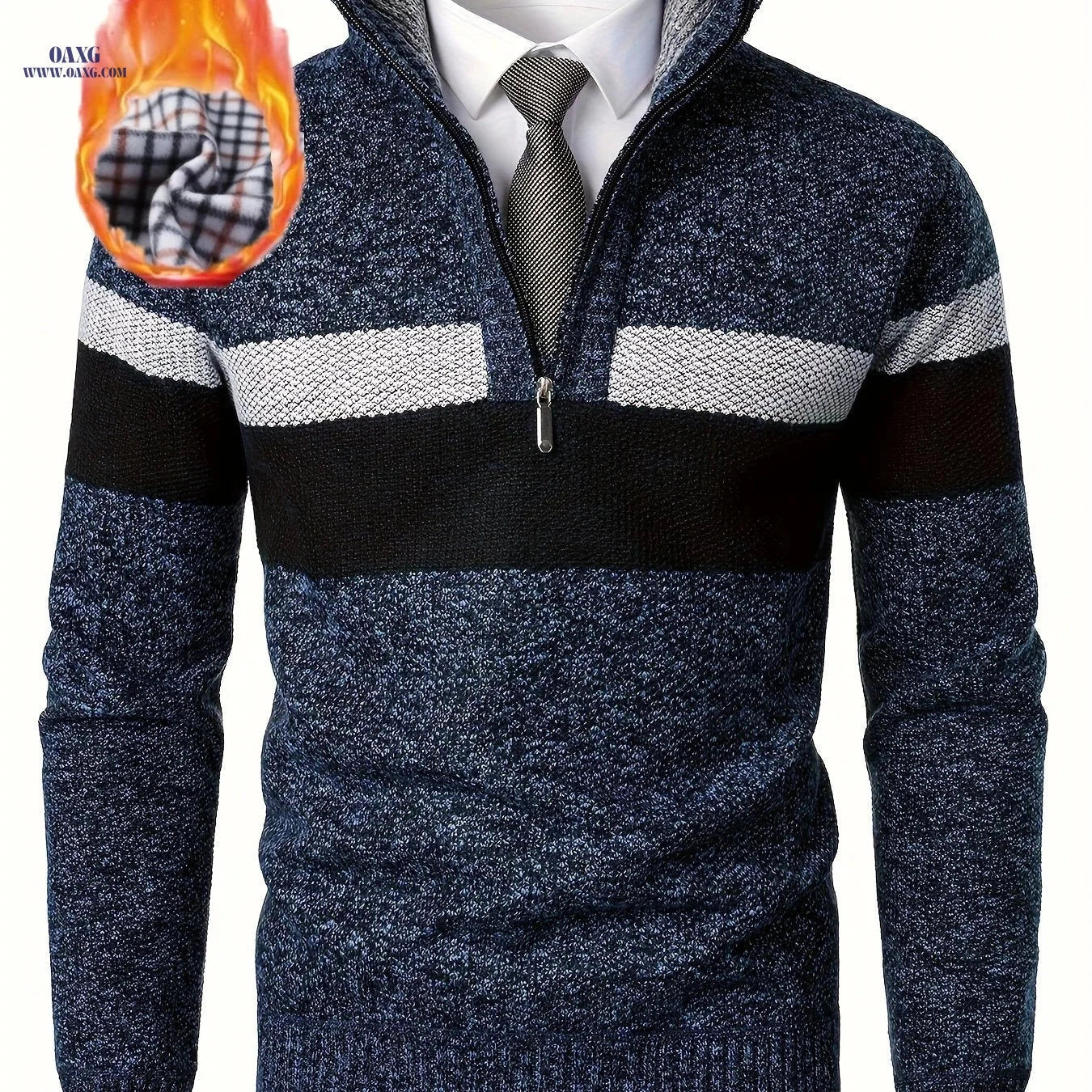 Loldeal Men's Thickened Knitted Pullover - Color Block Stand Collar   OAXG 
