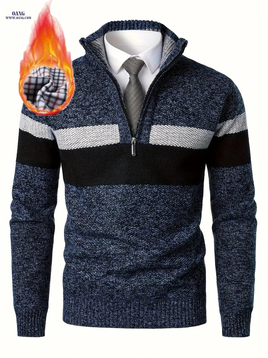 Loldeal Men's Thickened Knitted Pullover - Color Block Stand Collar   OAXG 