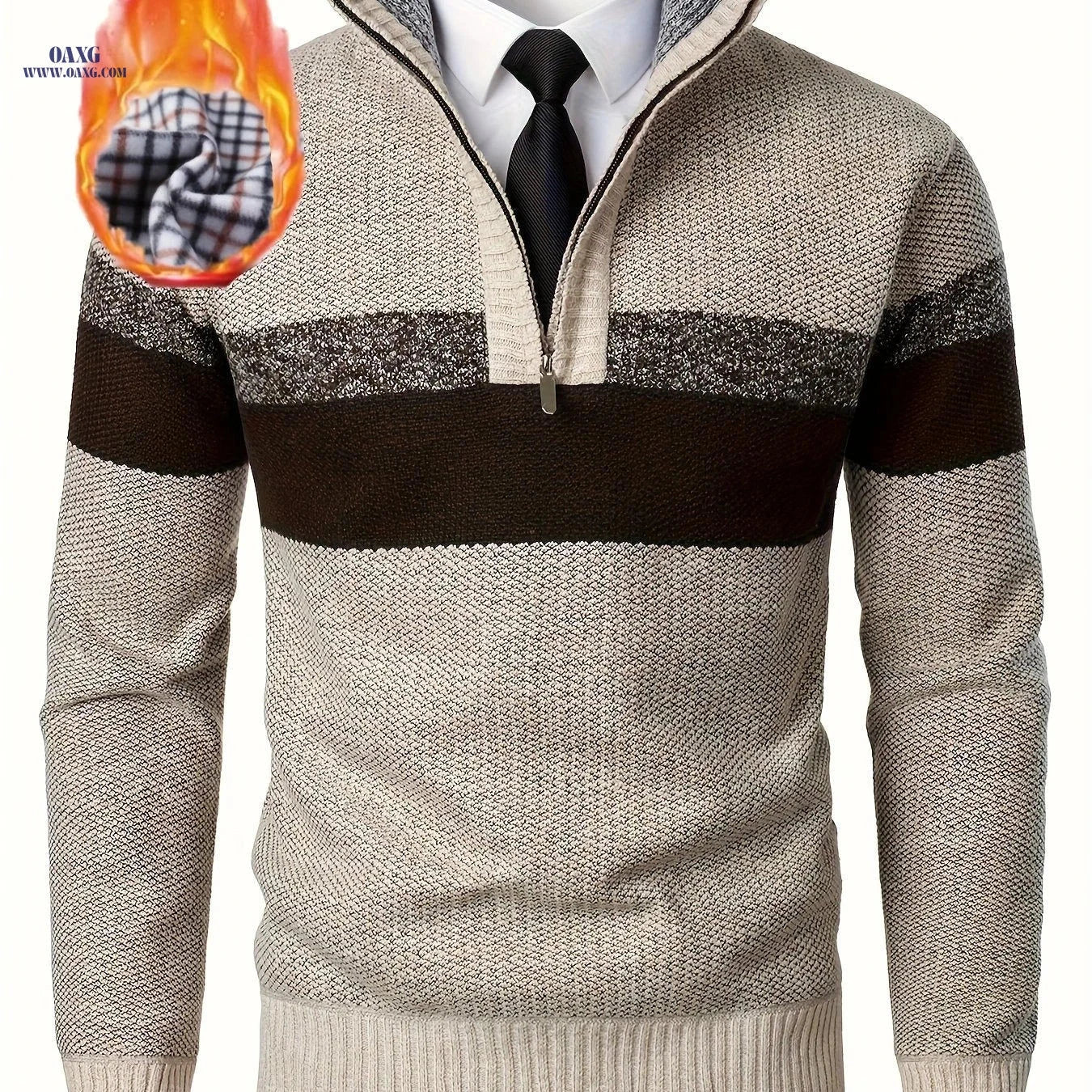 Loldeal Men's Thickened Knitted Pullover - Color Block Stand Collar   OAXG 