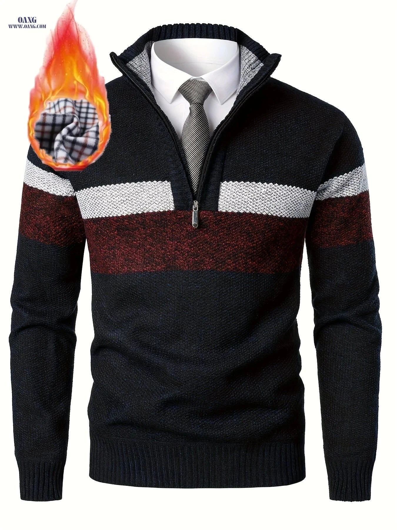 Loldeal Men's Thickened Knitted Pullover - Color Block Stand Collar   OAXG Black / FR S