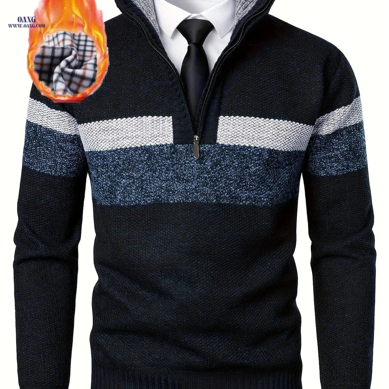Loldeal Men's Thickened Knitted Pullover - Color Block Stand Collar   OAXG Black / FR S