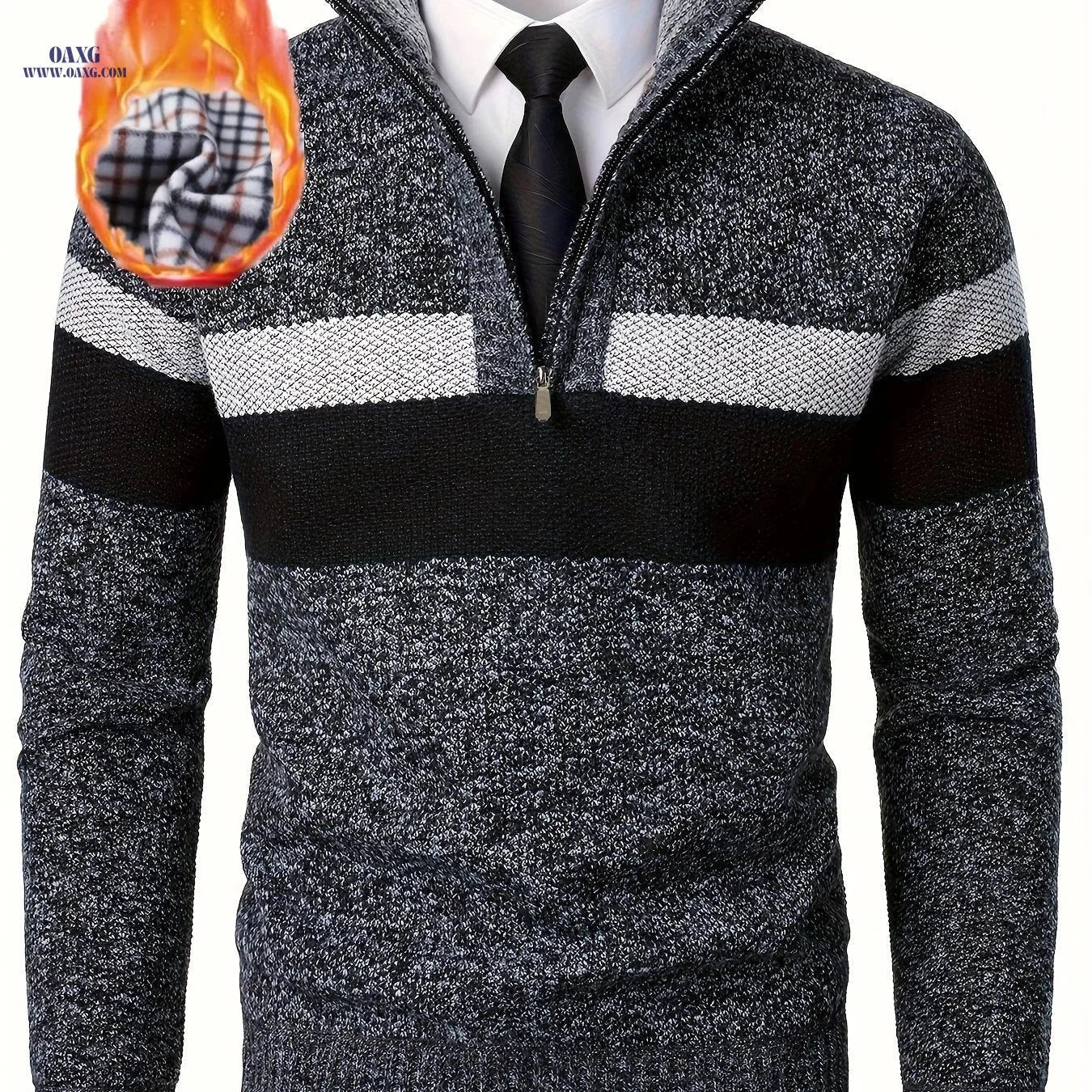 Loldeal Men's Thickened Knitted Pullover - Color Block Stand Collar   OAXG Black / FR S