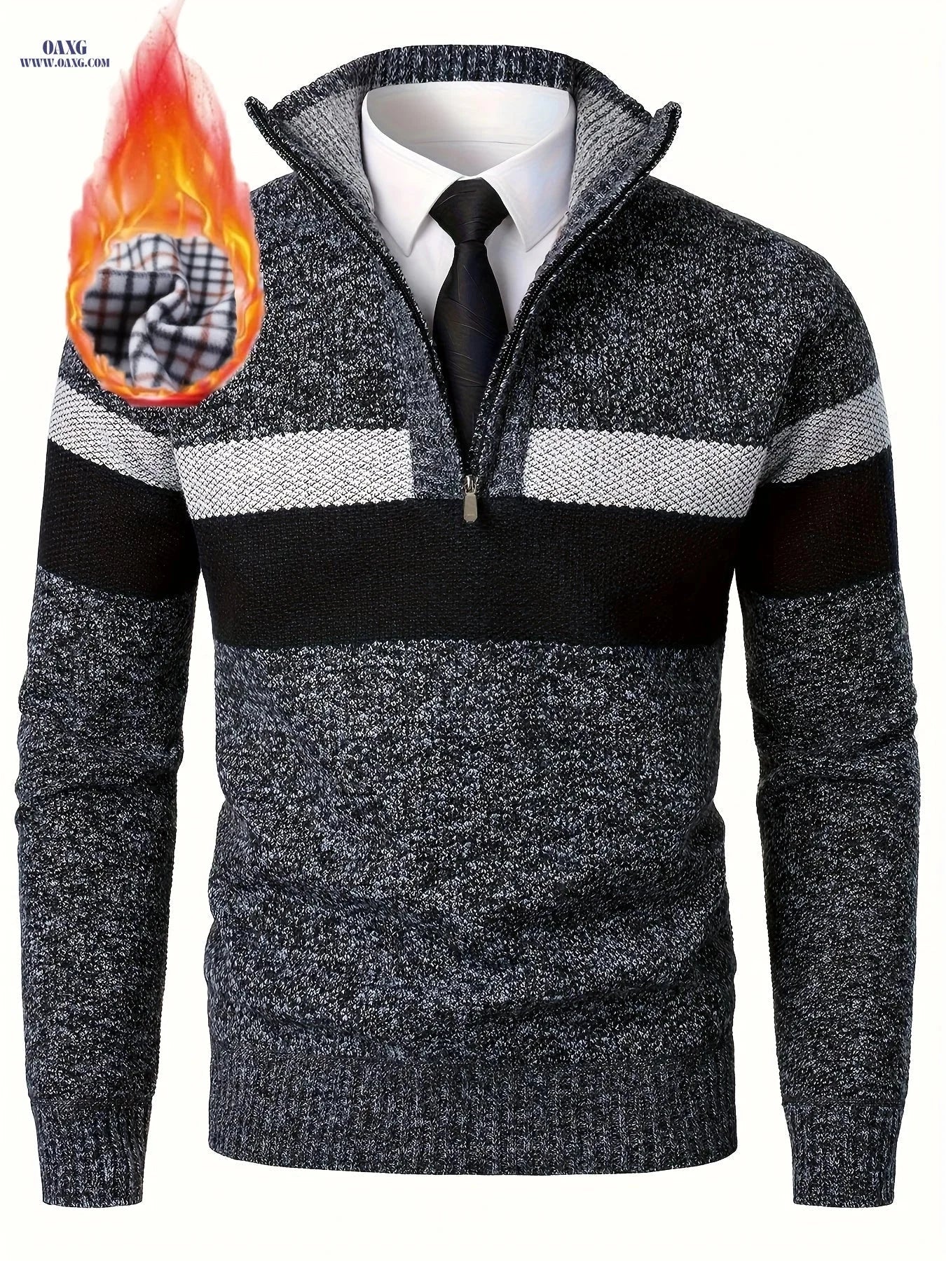 Loldeal Men's Thickened Knitted Pullover - Color Block Stand Collar   OAXG Black / FR S