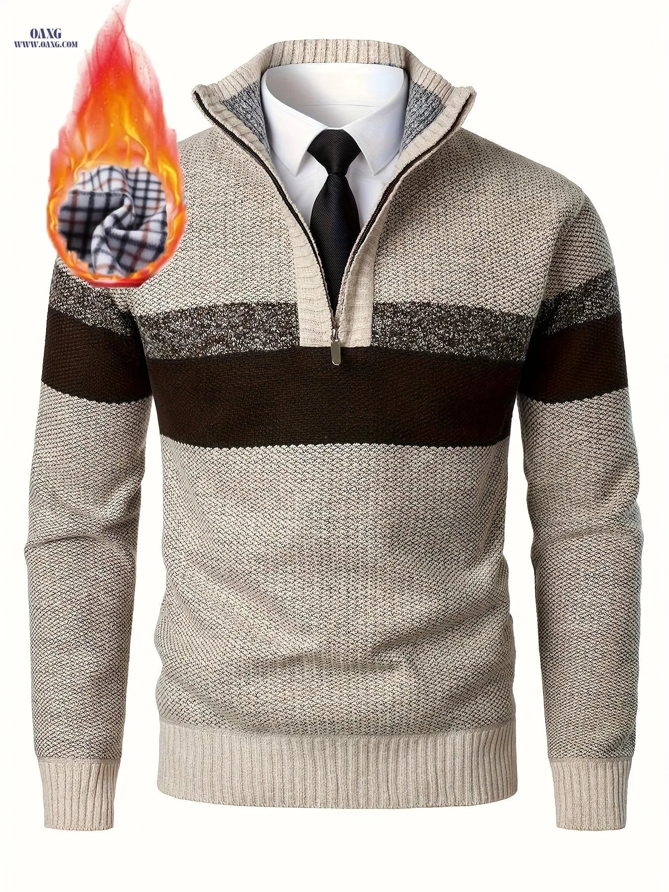 Loldeal Men's Thickened Knitted Pullover - Color Block Stand Collar   OAXG 
