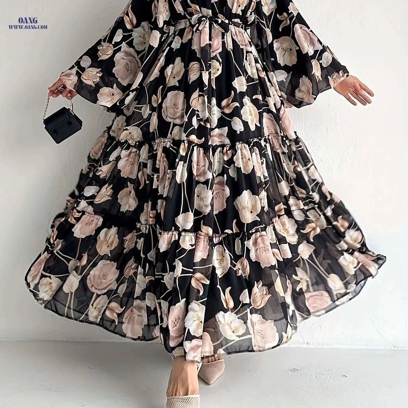 Long Floral Chiffon Dress for Muslim Women - Elegant & Stylish   OAXG Black / S