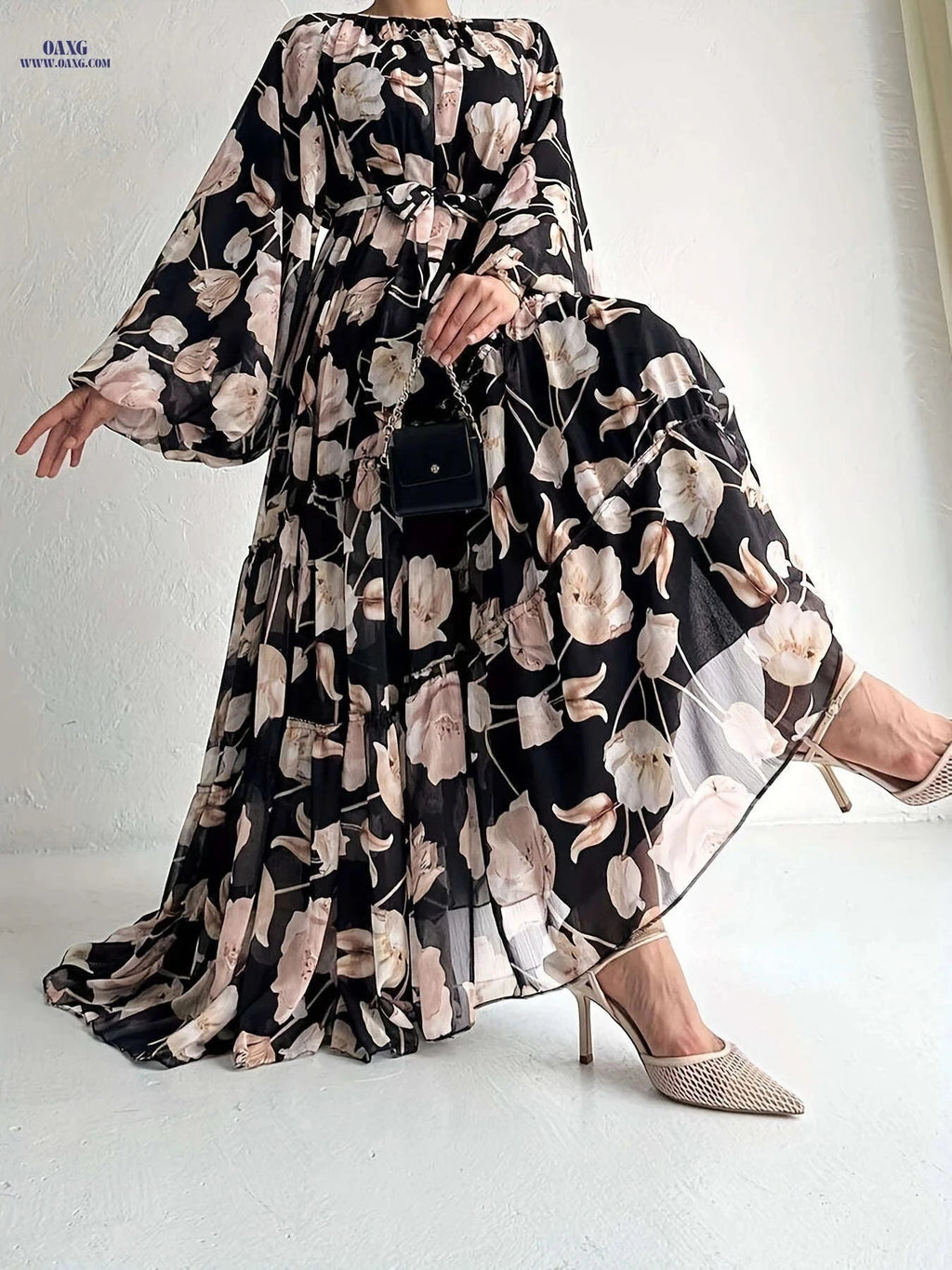 Long Floral Chiffon Dress for Muslim Women - Elegant & Stylish   OAXG 