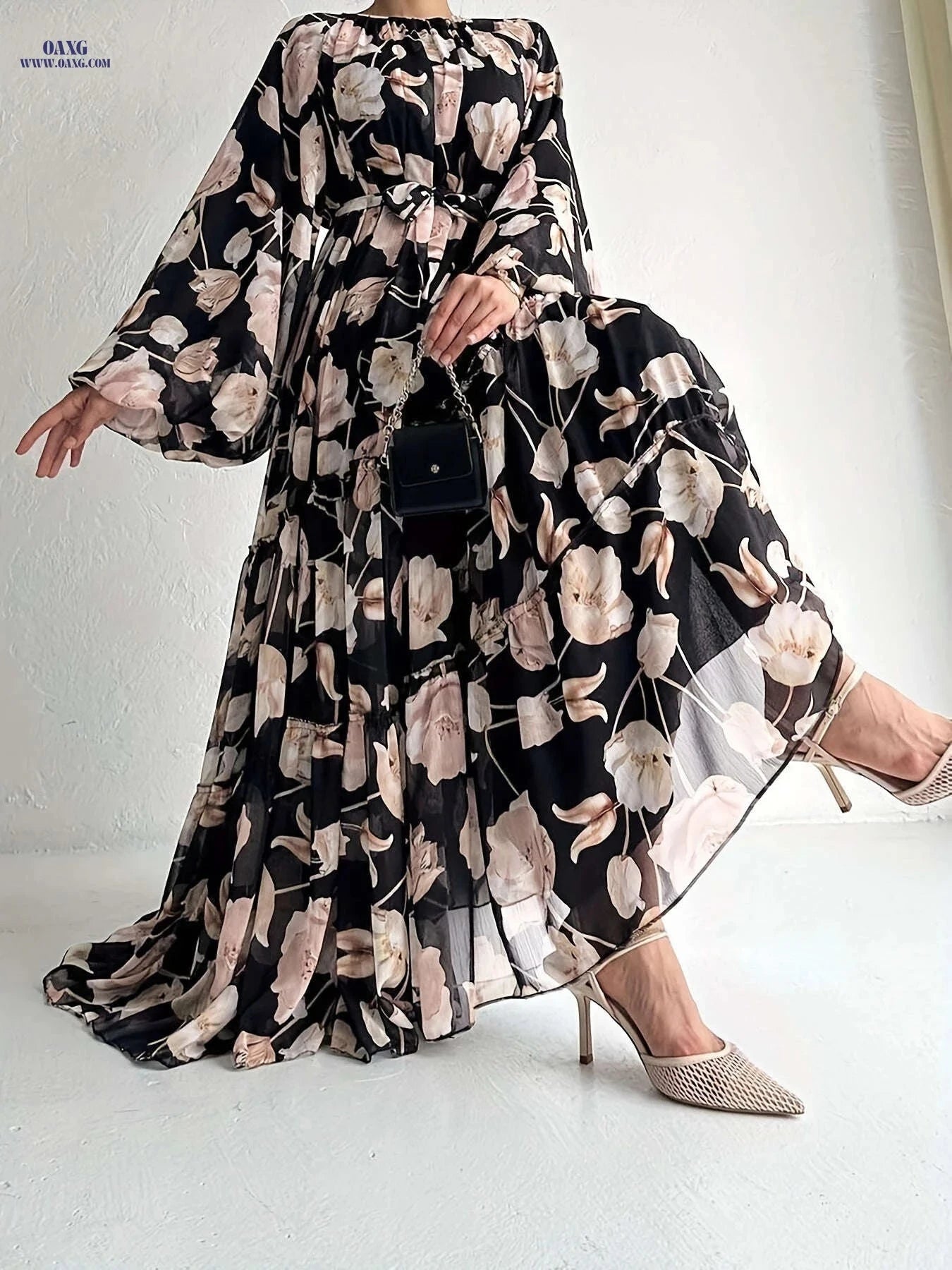 Long Floral Chiffon Dress for Muslim Women - Elegant & Stylish   OAXG 
