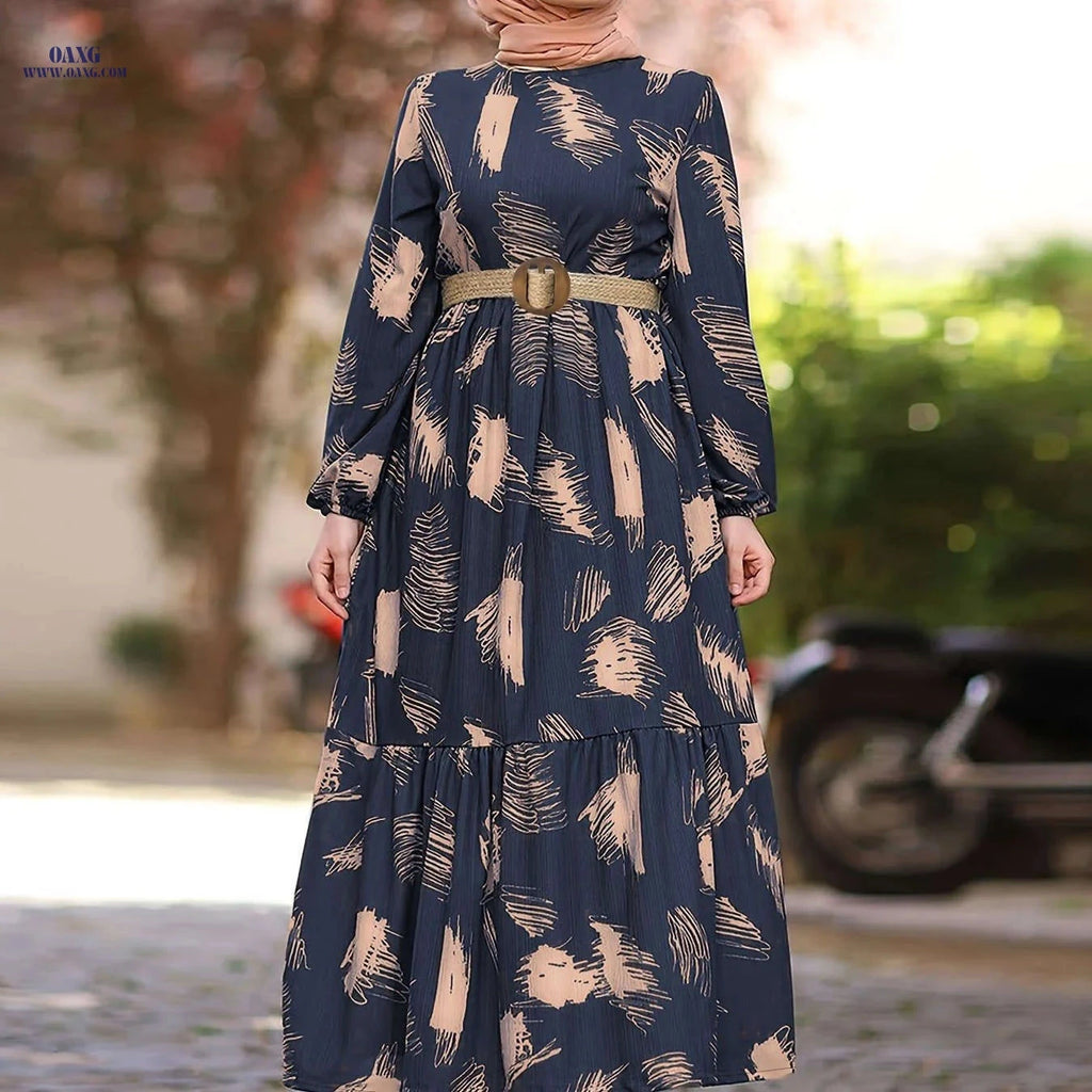 Long Muslim Dress with Middle Eastern Prints - Casual Color Block Style   OAXG Navy Blue / S