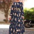 Long Muslim Dress with Middle Eastern Prints - Casual Color Block Style   OAXG Navy Blue / S