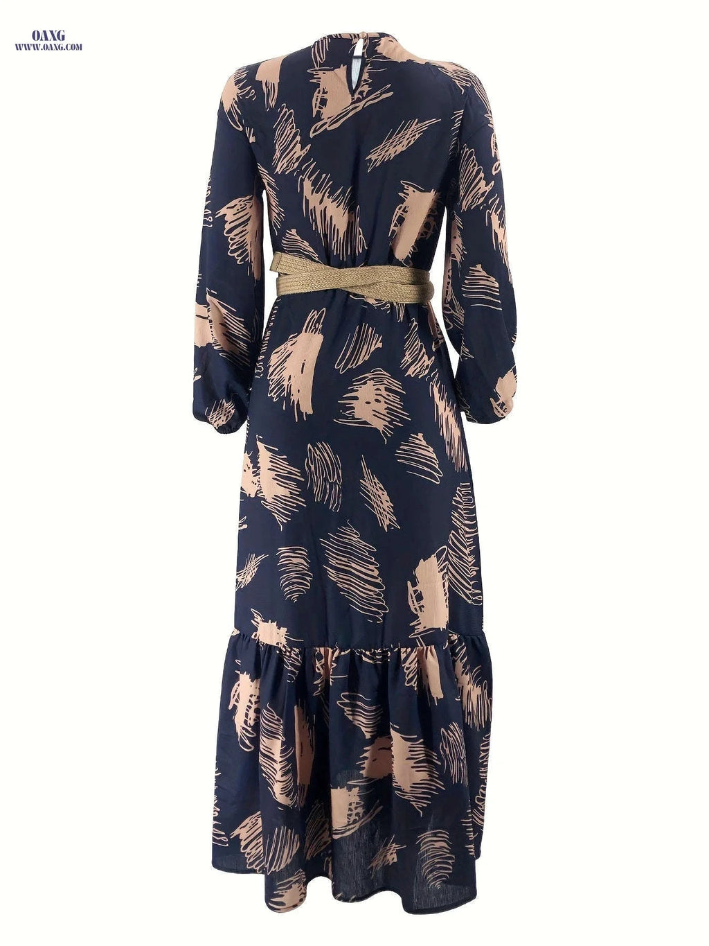 Long Muslim Dress with Middle Eastern Prints - Casual Color Block Style   OAXG Navy Blue / S