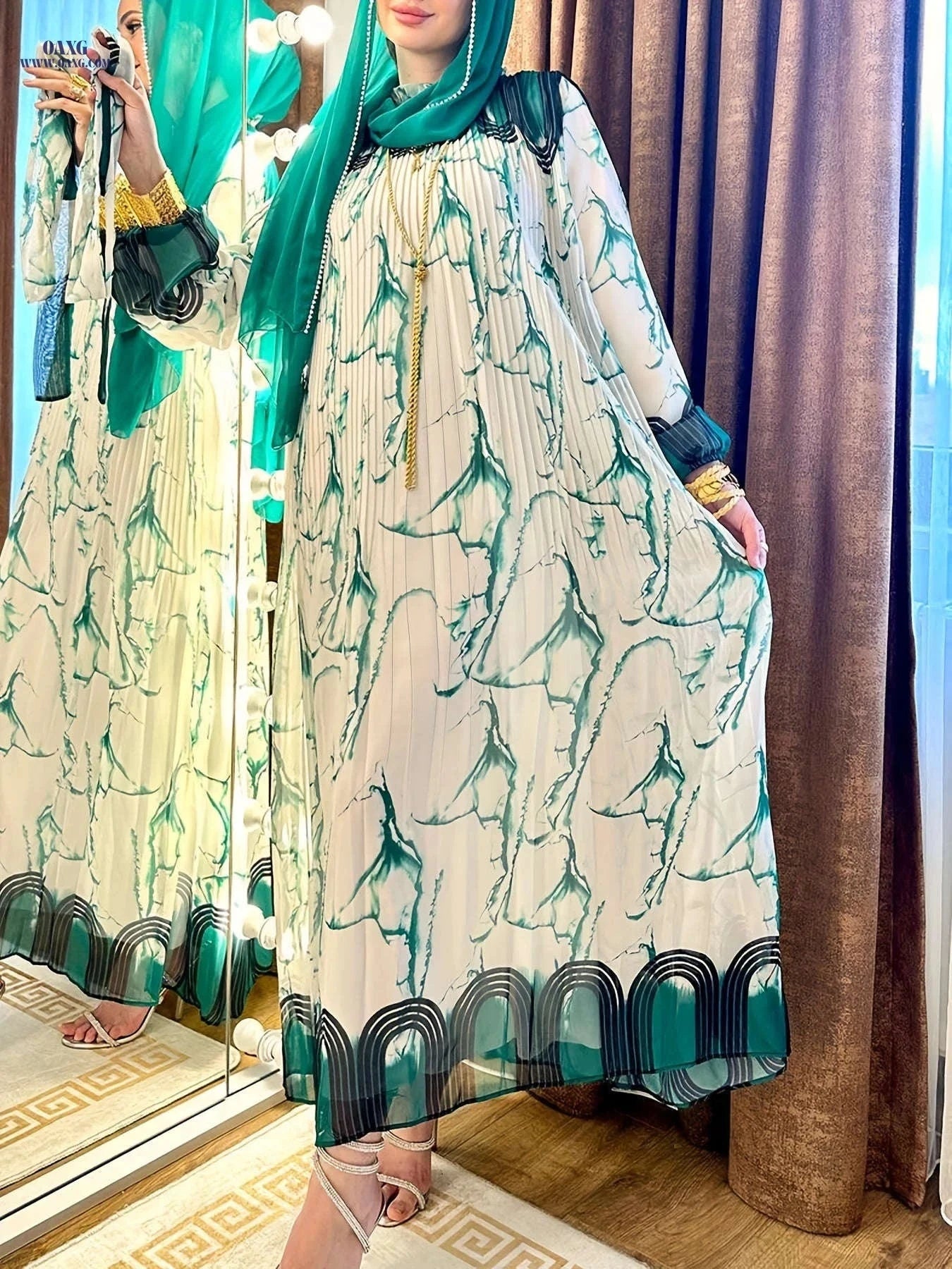Long Printed Dress for Middle Eastern Women - Elegant Color Block Style   OAXG Apricot / S