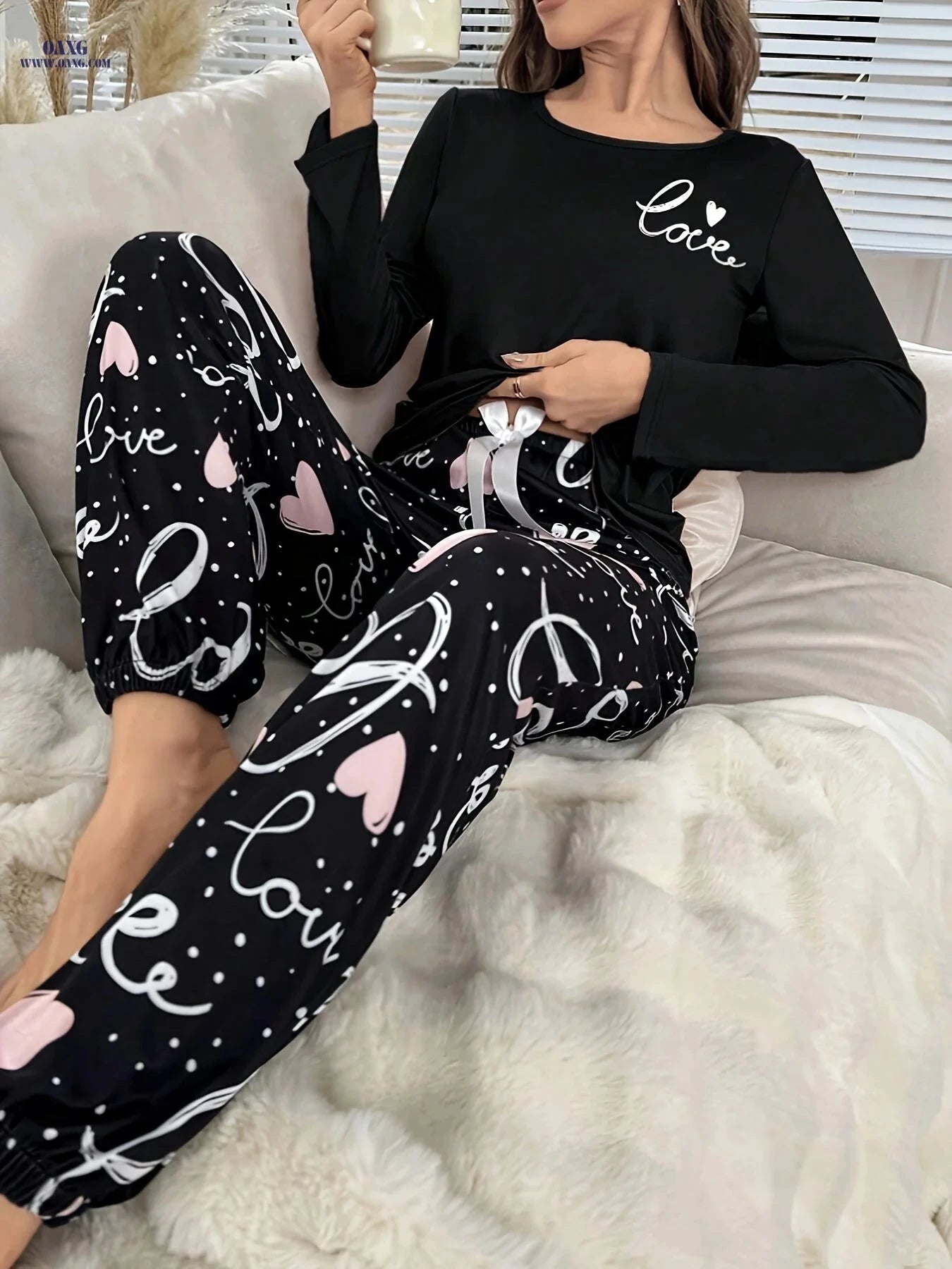 Long-Sleeve LOVE Print Set - Comfortable and Stylish for All Seasons   OAXG Black / S