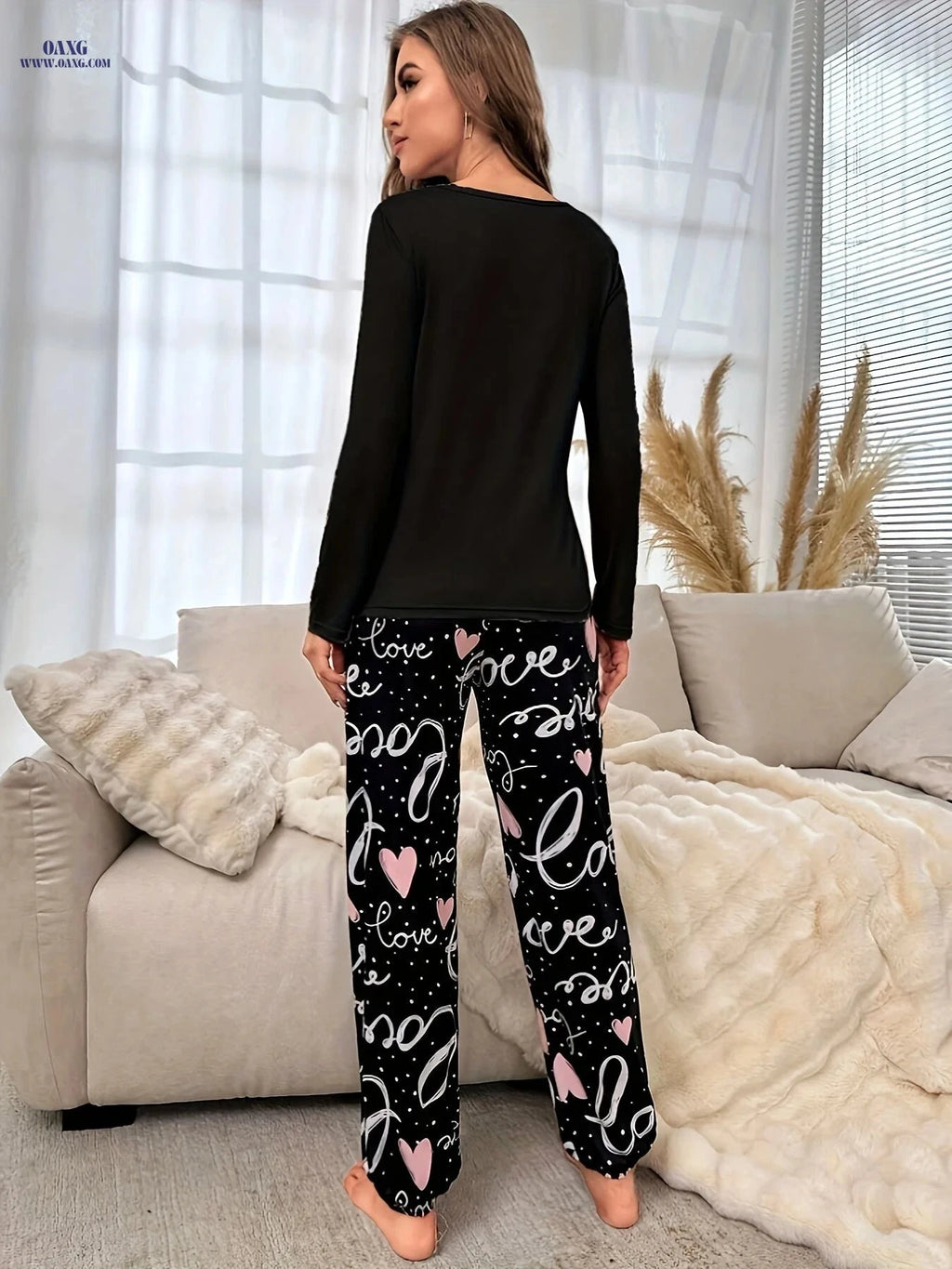 Long-Sleeve LOVE Print Set - Comfortable and Stylish for All Seasons   OAXG Black / S