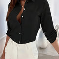 Long-Sleeved Shirt Women'S Professional Formal OL White-Collar Top Open Button Sexy V-Neck Basic Solid Color Versatile Black Shirt Base Shirt   OAXG Black / S