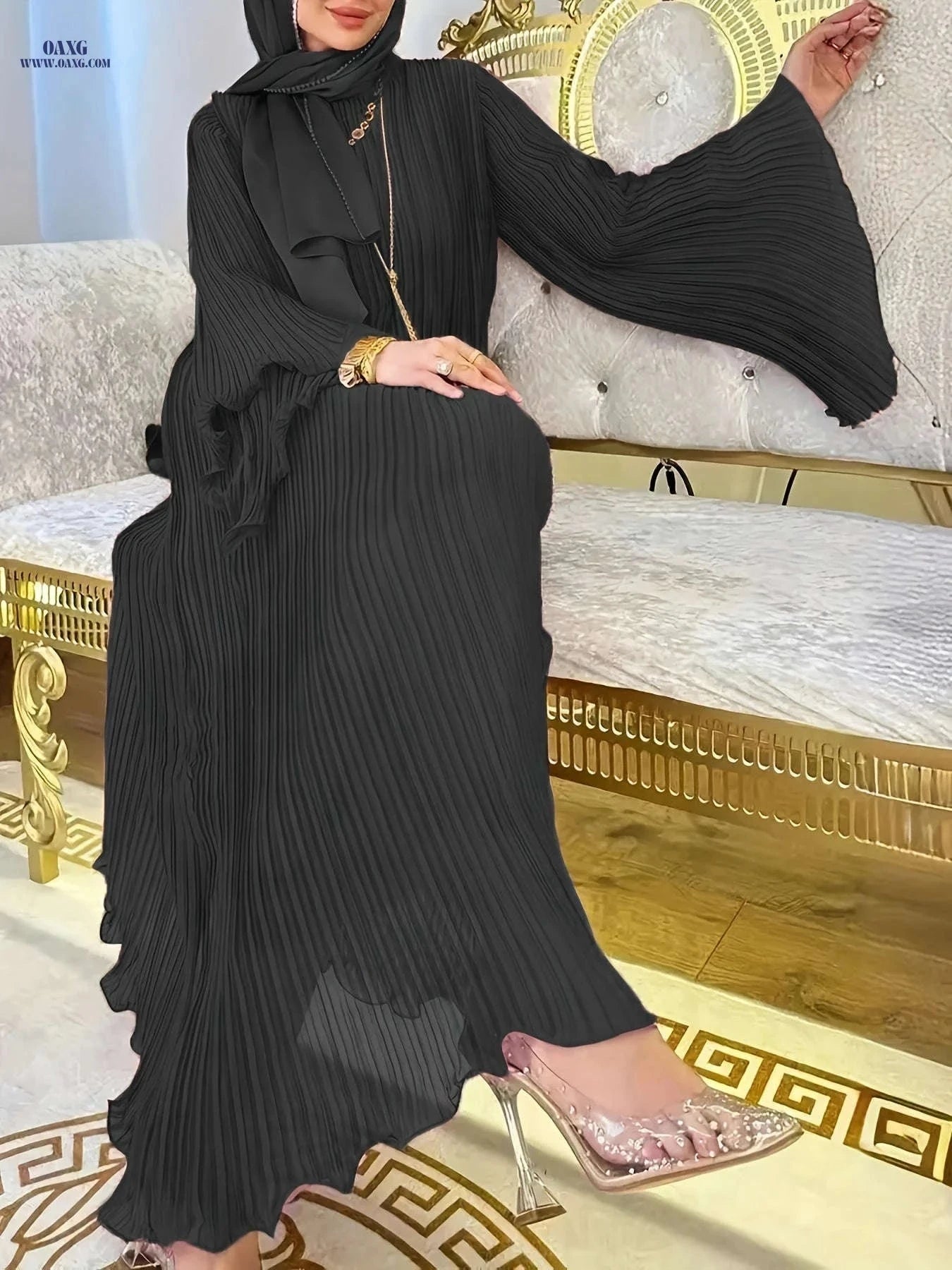 Long Wrinkled Style Robe - Ruffle Sleeve, Solid Color Design   OAXG 