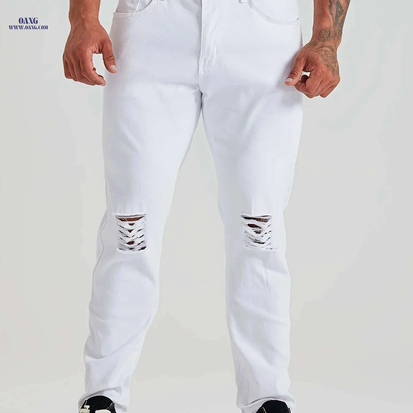 LONGBIDA Men's Skinny Ripped Denim Jeans - Casual Stretch Trousers   OAXG White / 28