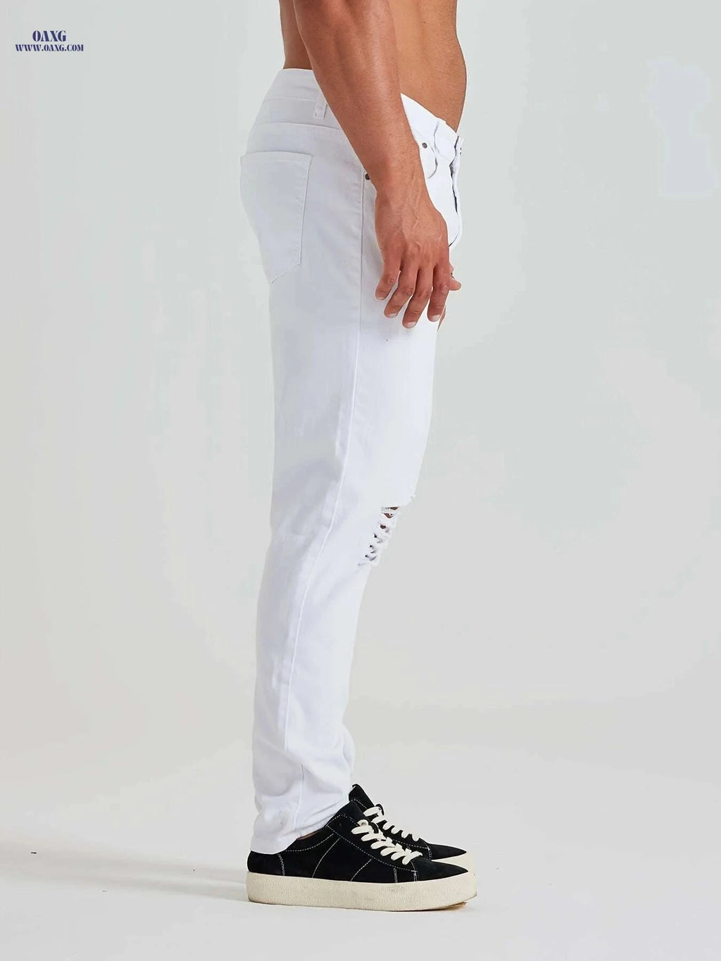 LONGBIDA Men's Skinny Ripped Denim Jeans - Casual Stretch Trousers   OAXG White / 28