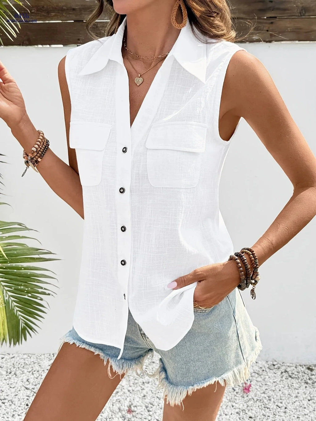 Loose-Fitting Women's Sleeveless Shirt - Casual Summer Cotton Fashion   OAXG White / S