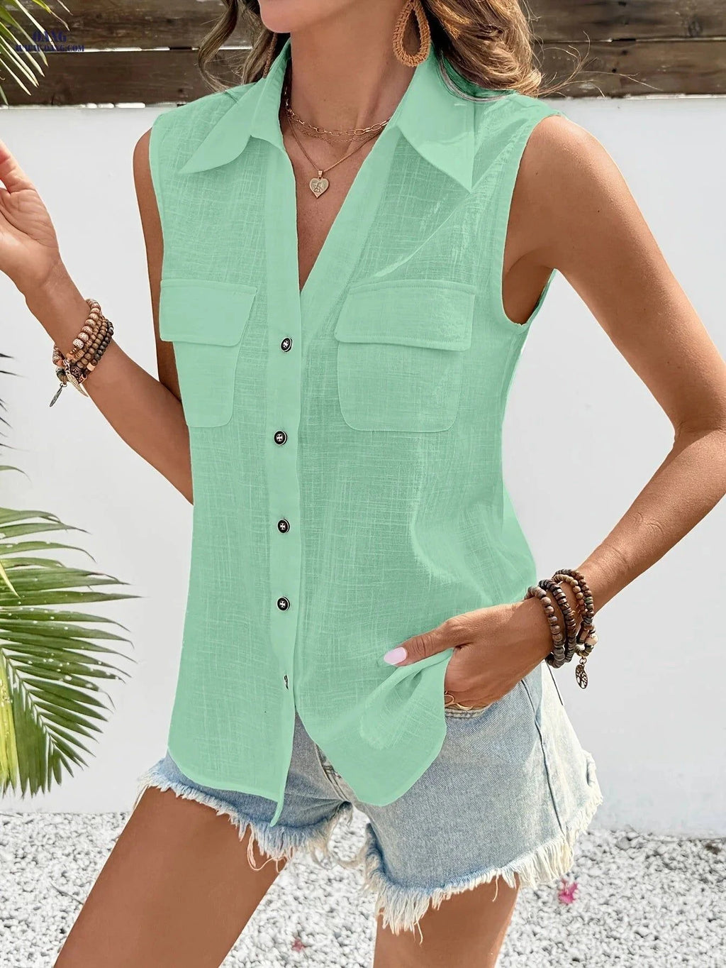 Loose-Fitting Women's Sleeveless Shirt - Casual Summer Cotton Fashion   OAXG White / S