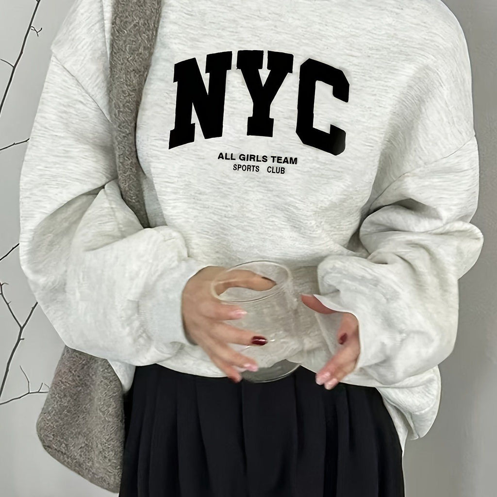 Loose Round-Neck Long-Sleeve Sweatshirt with a Print of The New York Team for Women, Perfect for Autumn And Winter   OAXG Light Grey / S