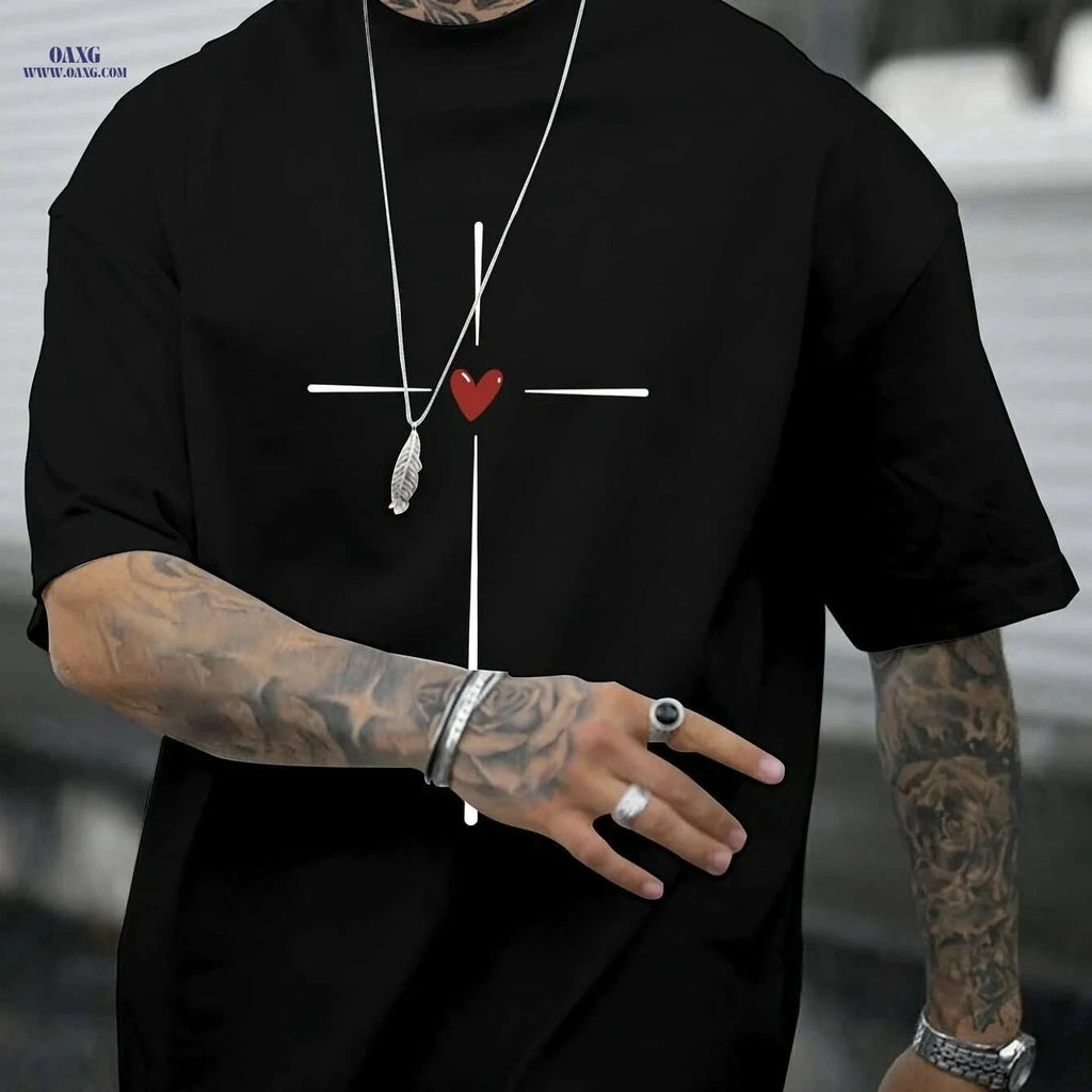 Love Heart Graphic Print Casual Crew Neck Tee - Summer Men’s Top   OAXG Black / S