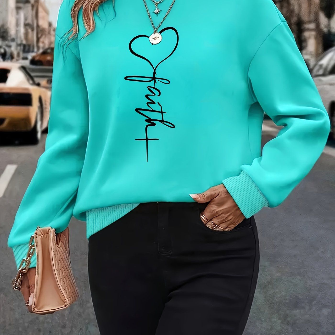 Love Print Round Neck Sweatshirt Women'S Fleece Pullover Autumn And Winter New Loose Versatile Casual Top Tide   OAXG Mineral Green / S