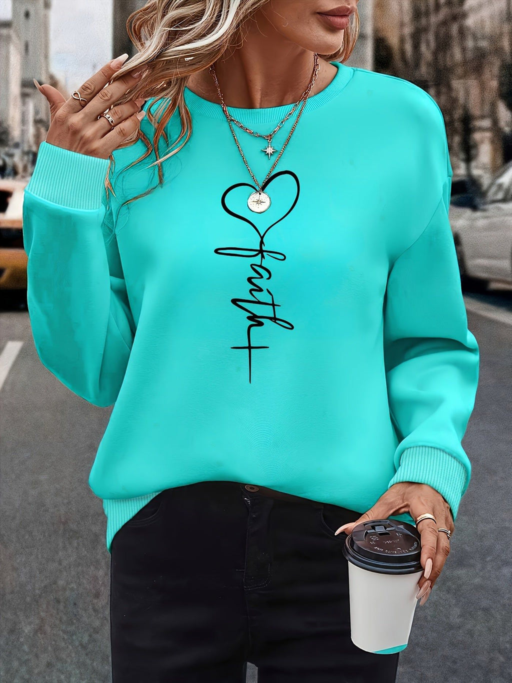 Love Print Round Neck Sweatshirt Women'S Fleece Pullover Autumn And Winter New Loose Versatile Casual Top Tide   OAXG Mineral Green / S