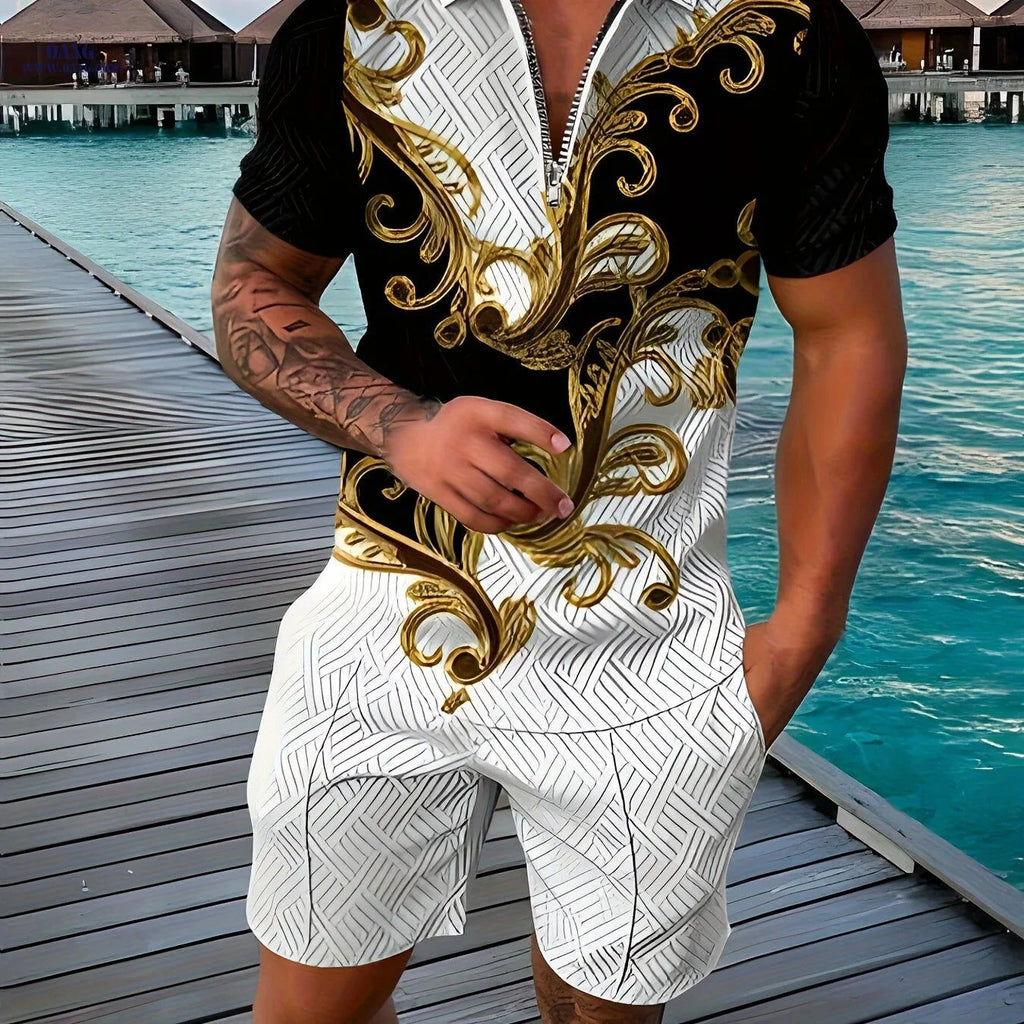 Luxury Men's 2-Piece Outfit Set - Casual Lapel Shirt & Shorts   OAXG Mixed colors / FR M