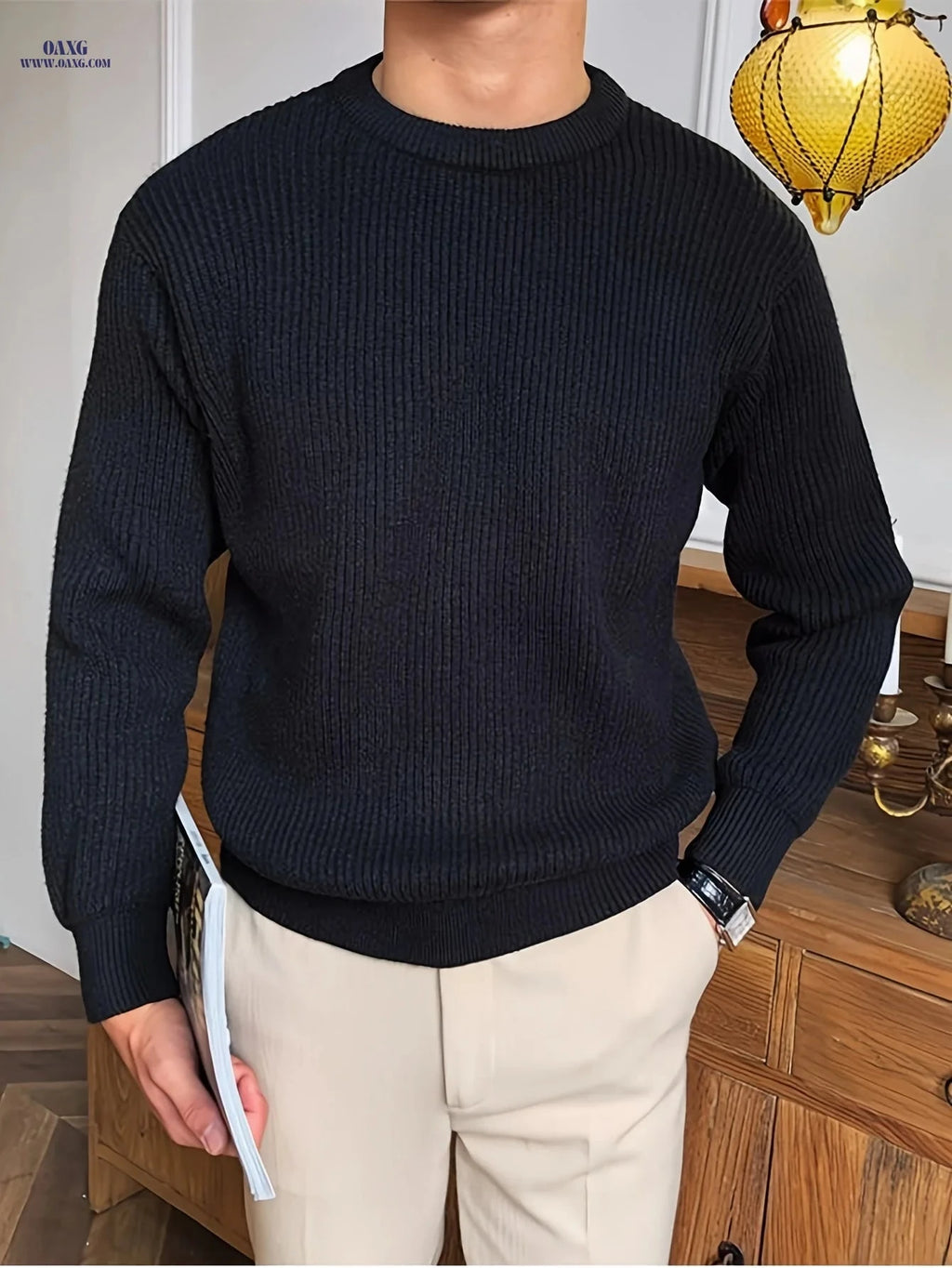 LVLAEA Men's Long Sleeve Knit Pullover - Casual British Style Sweater   OAXG Black / FR S
