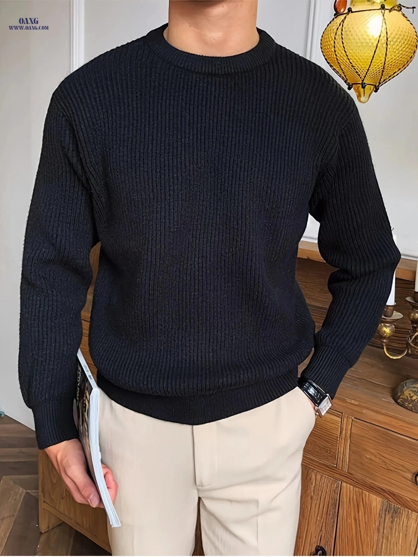 LVLAEA Men's Long Sleeve Knit Pullover - Casual British Style Sweater   OAXG Black / FR S