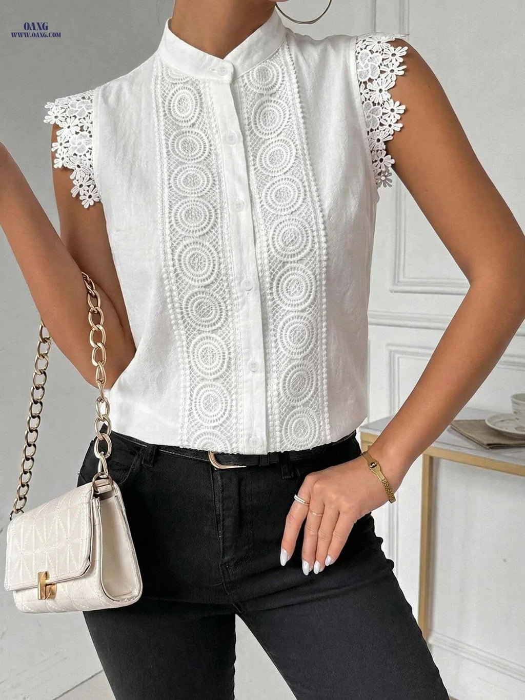 MANAIXUAN Women's Vintage Stand Collar Button-Up Sleeveless Shirt   OAXG White / S