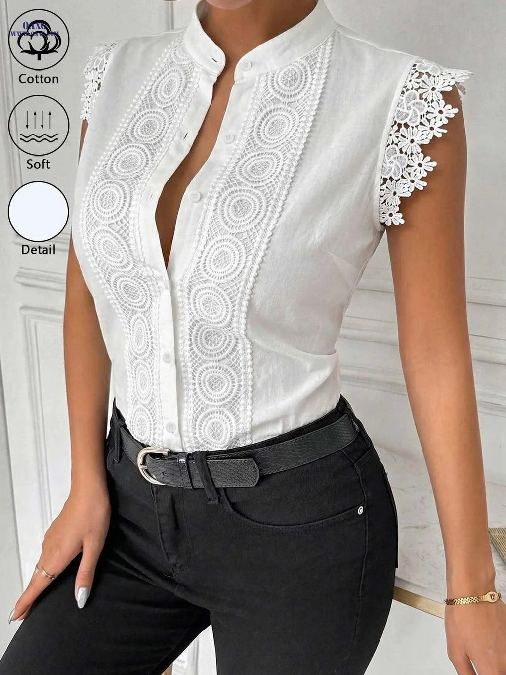 MANAIXUAN Women's Vintage Stand Collar Button-Up Sleeveless Shirt   OAXG White / S
