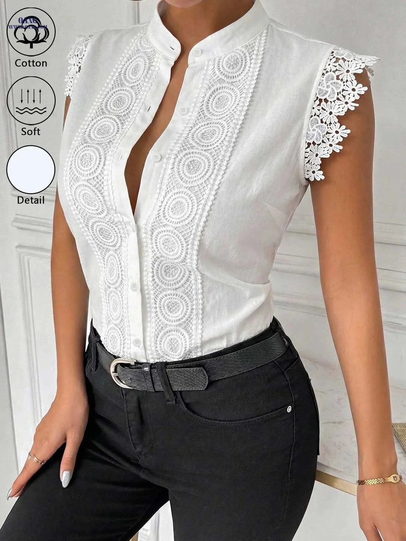 MANAIXUAN Women's Vintage Stand Collar Button-Up Sleeveless Shirt   OAXG White / S