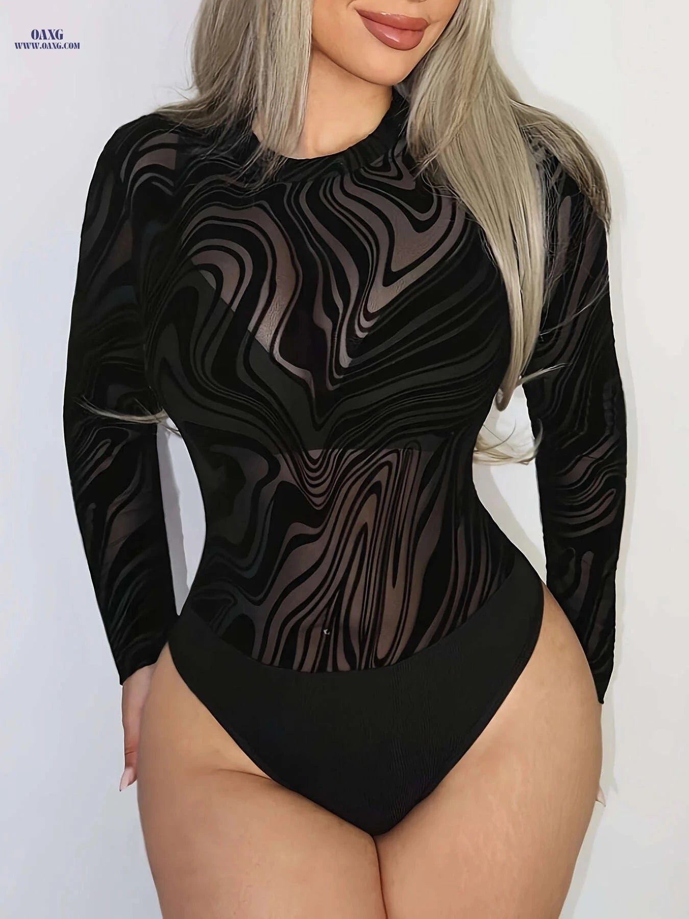 Marble Print Long Sleeve Bodysuit - Sexy & Semi-Sheer Style   OAXG 