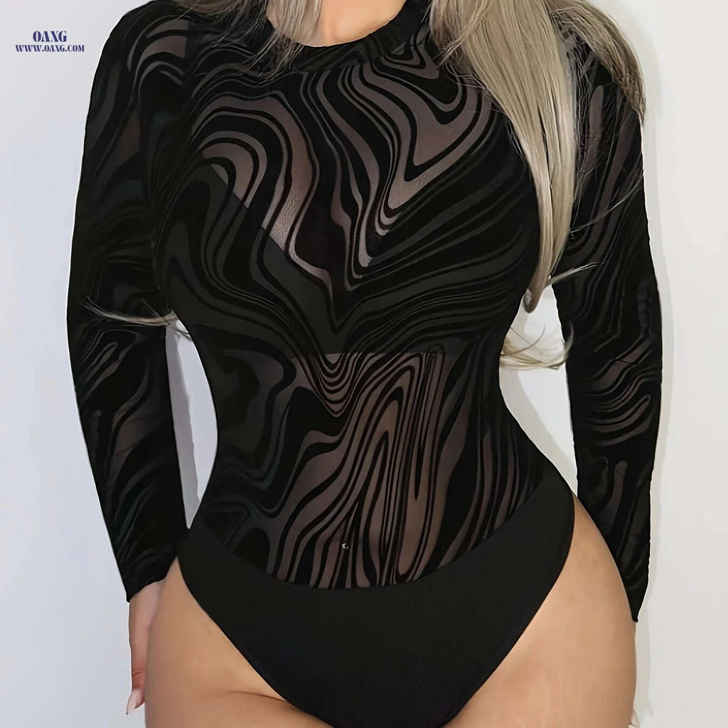 Marble Print Long Sleeve Bodysuit - Sexy & Semi-Sheer Style   OAXG Mixed Color / XS
